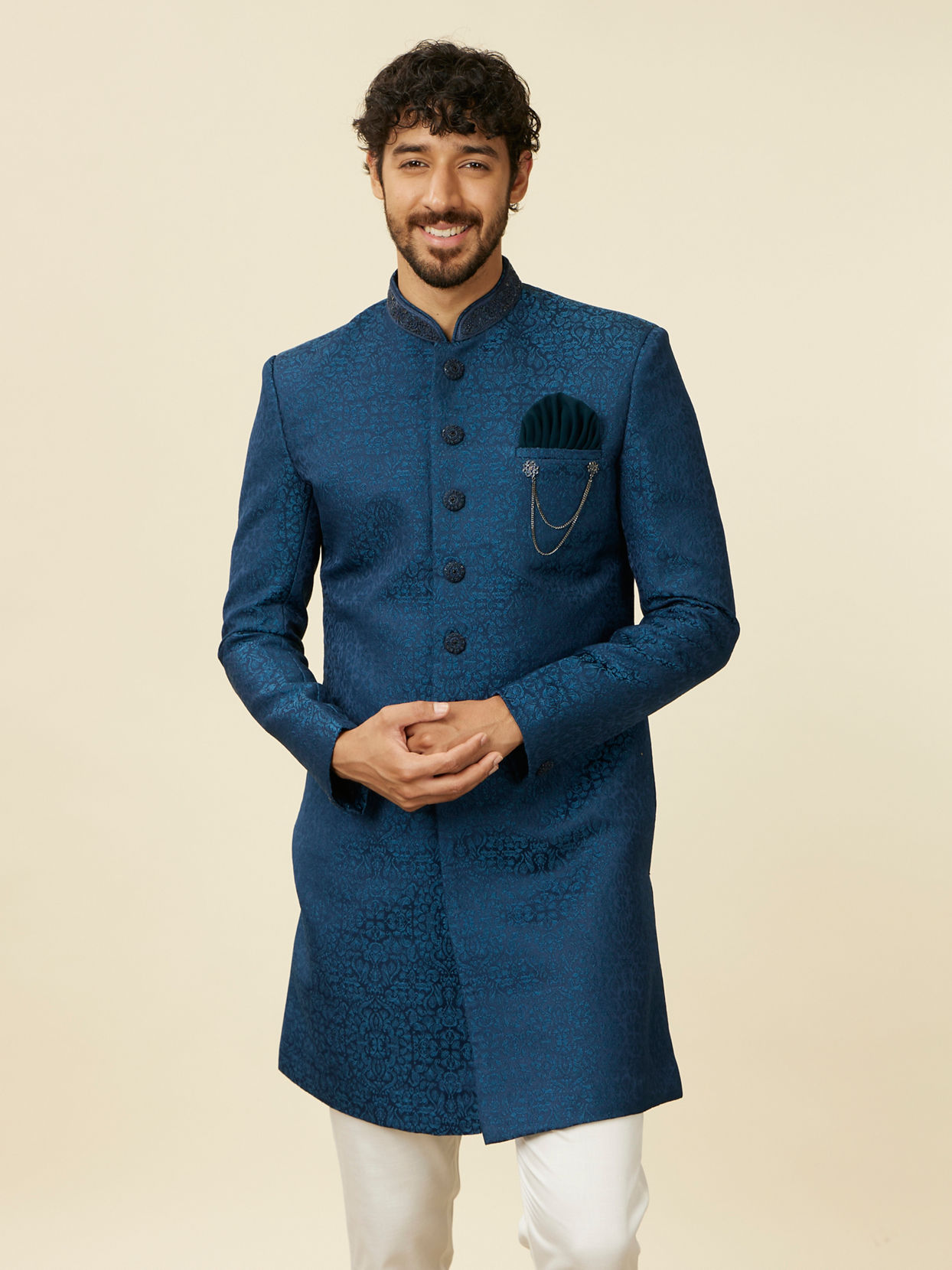 alt message - Manyavar Men Teal Blue Medallion Patterned Indo Western Set image number 0